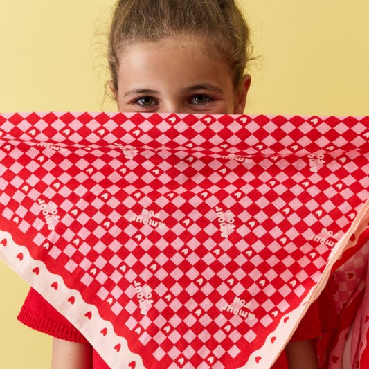 Foulard 50x50 - beige damier rose et rouge