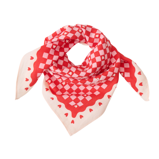 Foulard 50x50 - beige damier rose et rouge