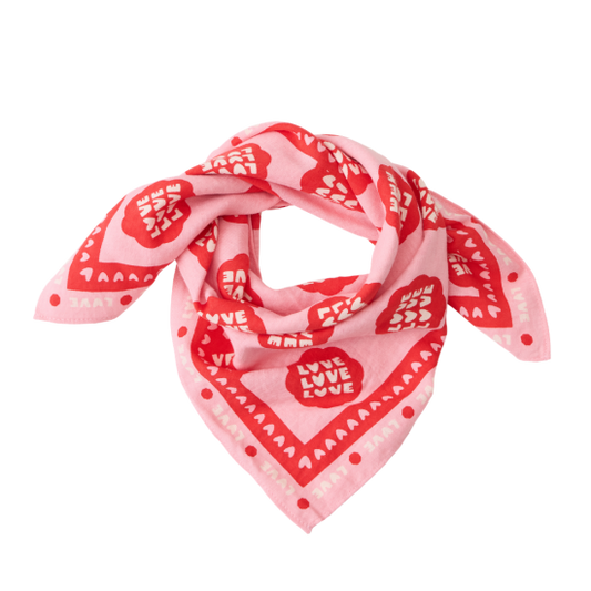 Foulard 50x50 - fond rose motif rouge