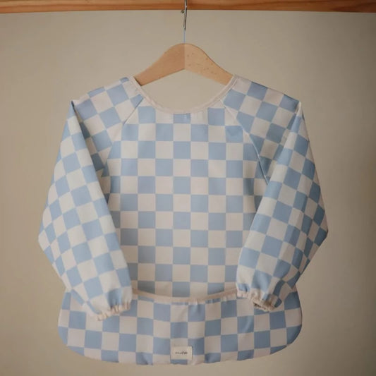 Bavoir manches longues - damier bleu